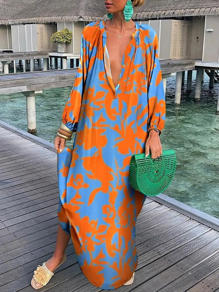 Colorful boho print maxi dress with flowing ankle-skimming silhouette, lightweight resort-ready vacation style