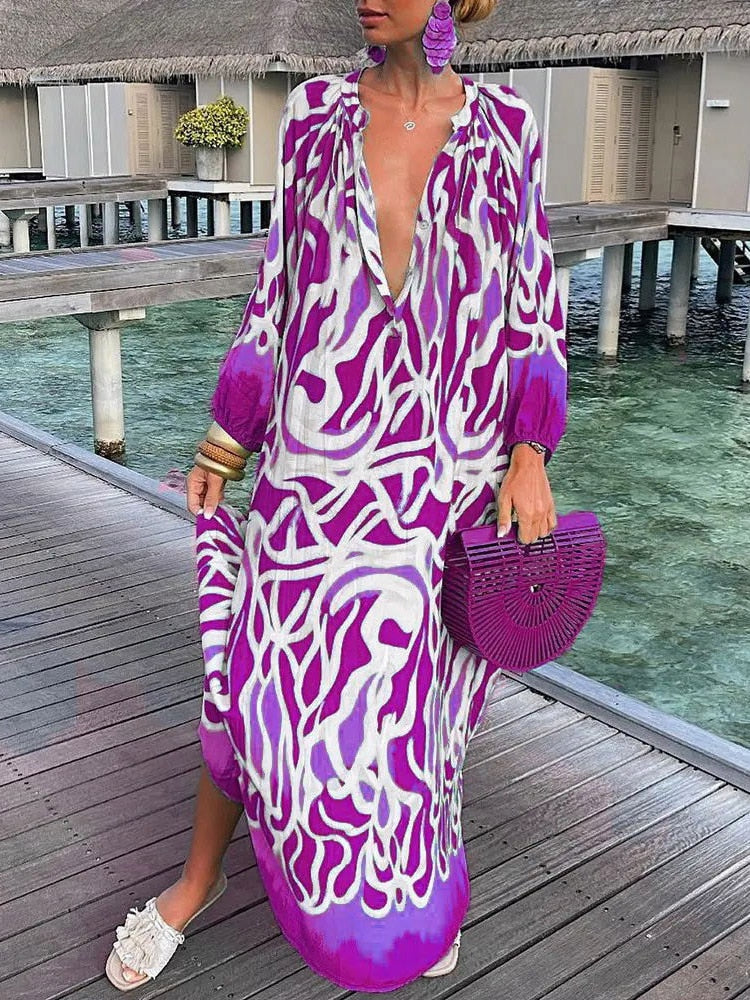 Colorful boho print maxi dress with flowing ankle-skimming silhouette, perfect for resort-ready style