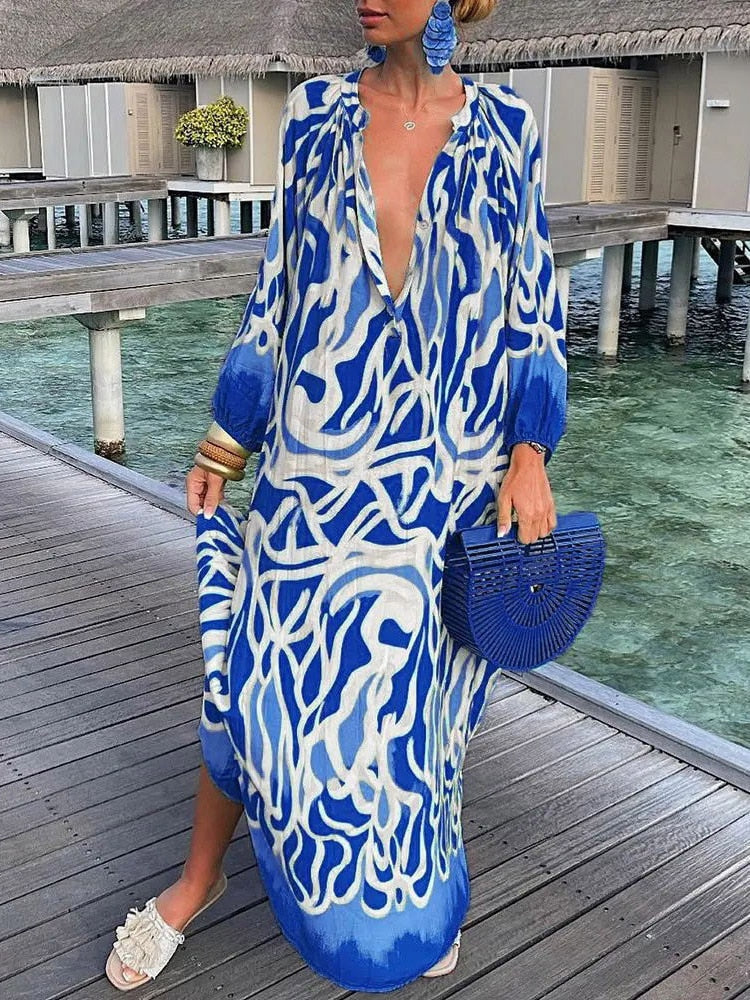 Colorful boho print maxi dress with flowing ankle-skimming silhouette for breezy resort-ready style