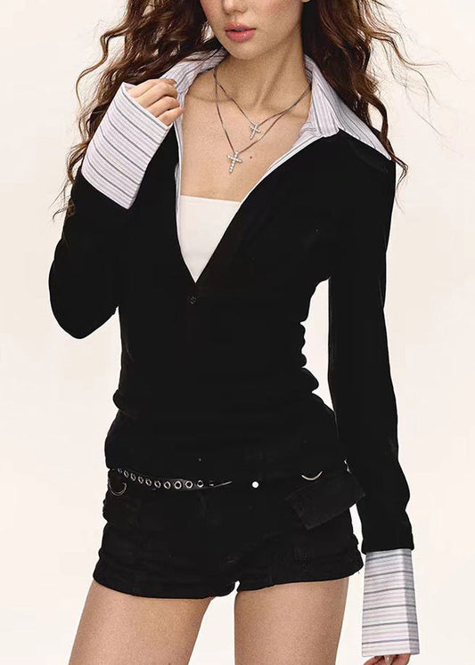 Boutique Black Fake Two Pieces Patchwork Cotton T Tops Automne - Wavlynn