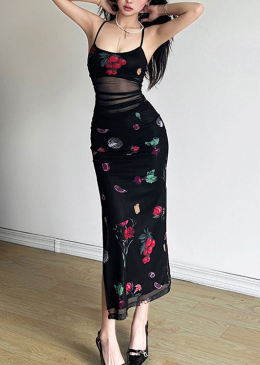 Robe d'été à bretelles spaghetti en tulle imprimé noir - Wavlynn