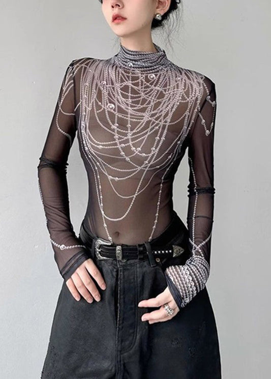 Boutique Haut en tulle noir à col roulé et imprimé perles Printemps - Wavlynn