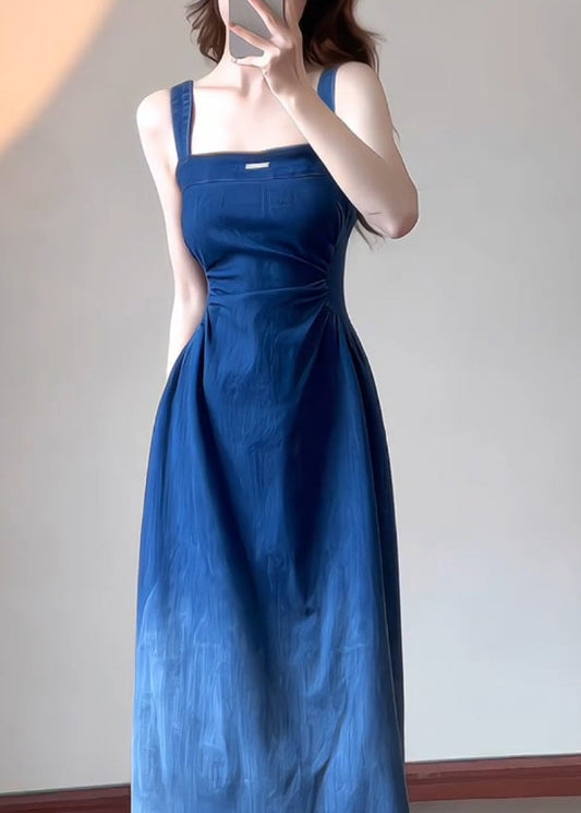 Robe d'été en denim bleu slim fit à bretelles spaghetti - Wavlynn