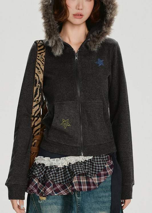 Manteau d'hiver à capuche en coton gris anthracite avec col en fausse fourrure de lapin et étoile - Wavlynn