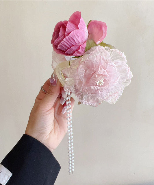 Épingle à cheveux en tissu tulle floral avec pompon et perles - Wavlynn