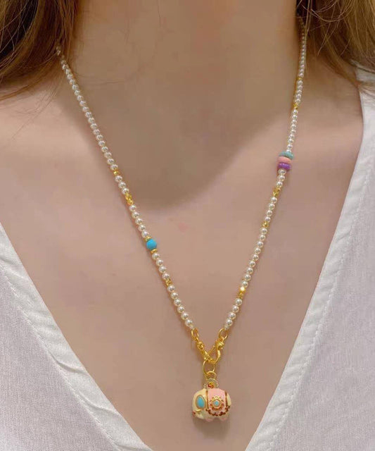 Collier avec pendentif petit éléphant en alliage d'or et perles - Wavlynn