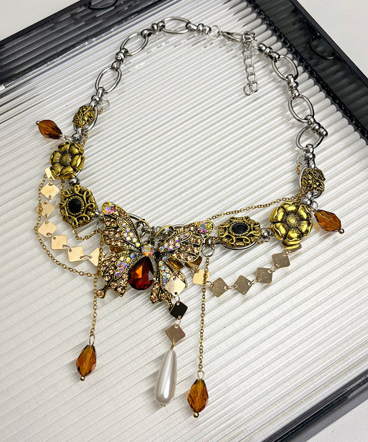 Collier avec pendentif papillon et pompon en alliage d'or et zircons - Wavlynn