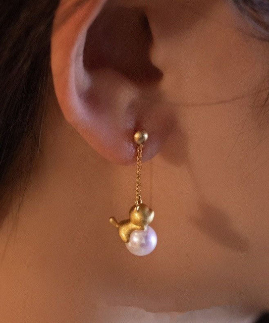 Boucles d'oreilles pendantes en argent sterling doré et perles de petits chats - Wavlynn