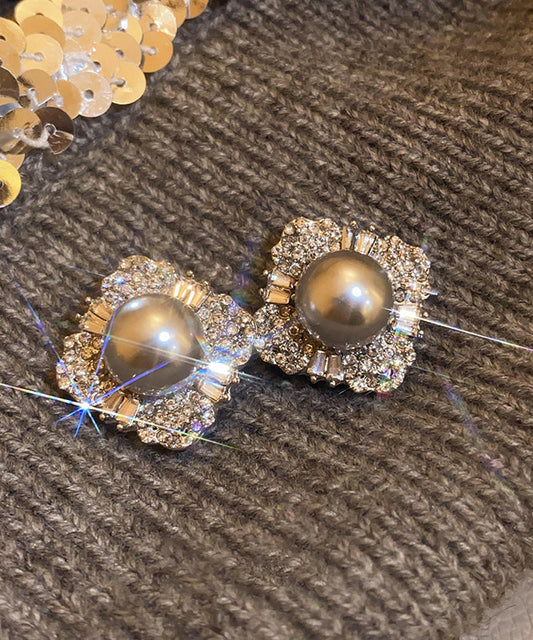 Boucles d'oreilles à tige en alliage gris et perles de zircon - Wavlynn