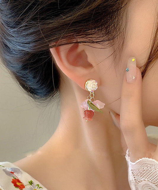 Boucles d'oreilles pendantes camélia en alliage de résine arc-en-ciel - Wavlynn