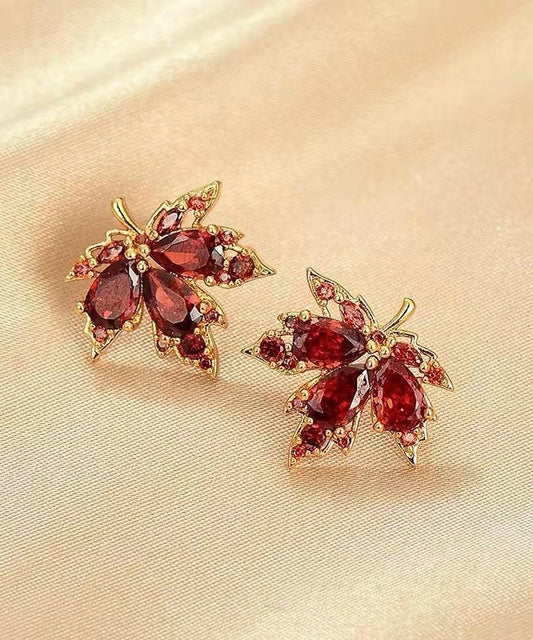 Boucles d'oreilles à tige en alliage rouge et zircon en forme de feuille d'érable - Wavlynn