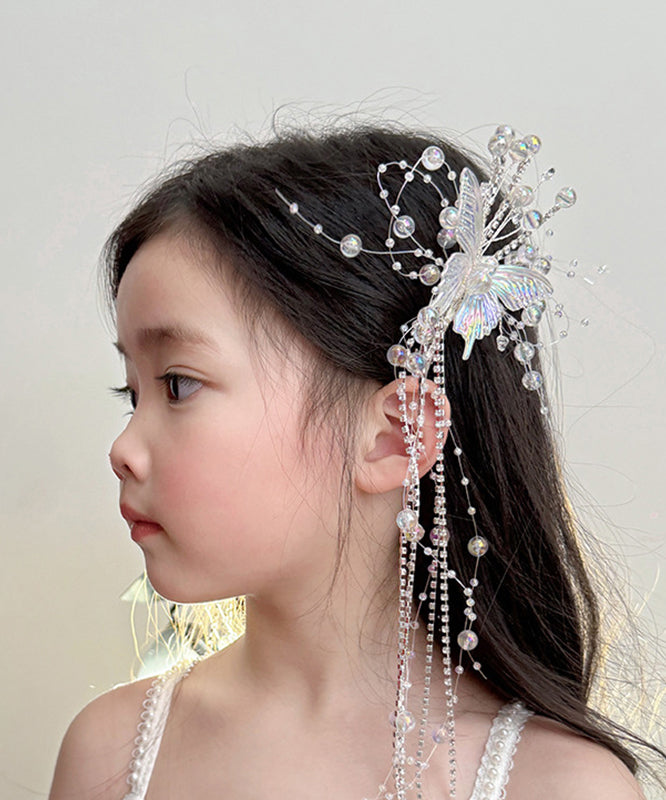 Épingle à cheveux en alliage acrylique blanc avec pompon et papillon en cristal pour filles - Wavlynn