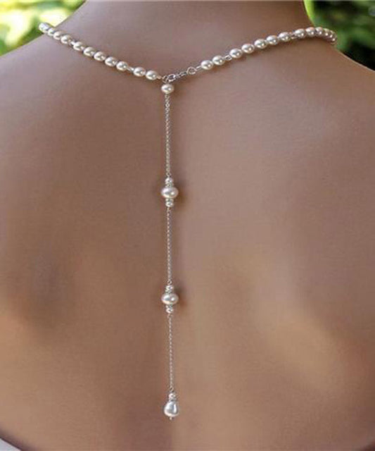 Collier lariat à pampilles en acier inoxydable blanc avec chaîne de perles - Wavlynn