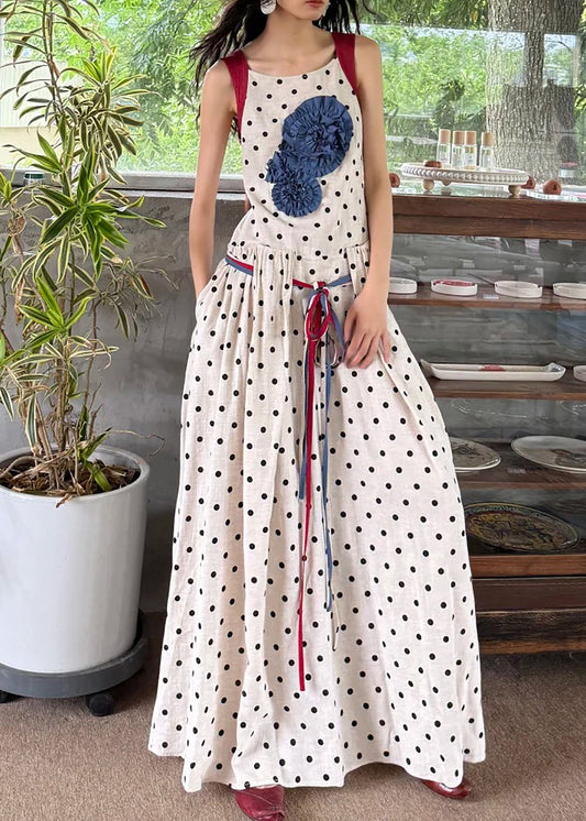 Robe de vacances d'été en coton blanc avec imprimé à la taille et cravate - Wavlynn