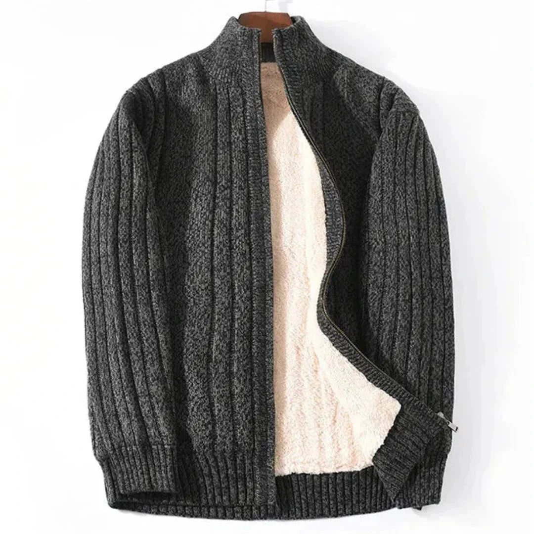 Brad full-zip ribbed knit cardigan with fleece lining and stand collar, casual warm sweater