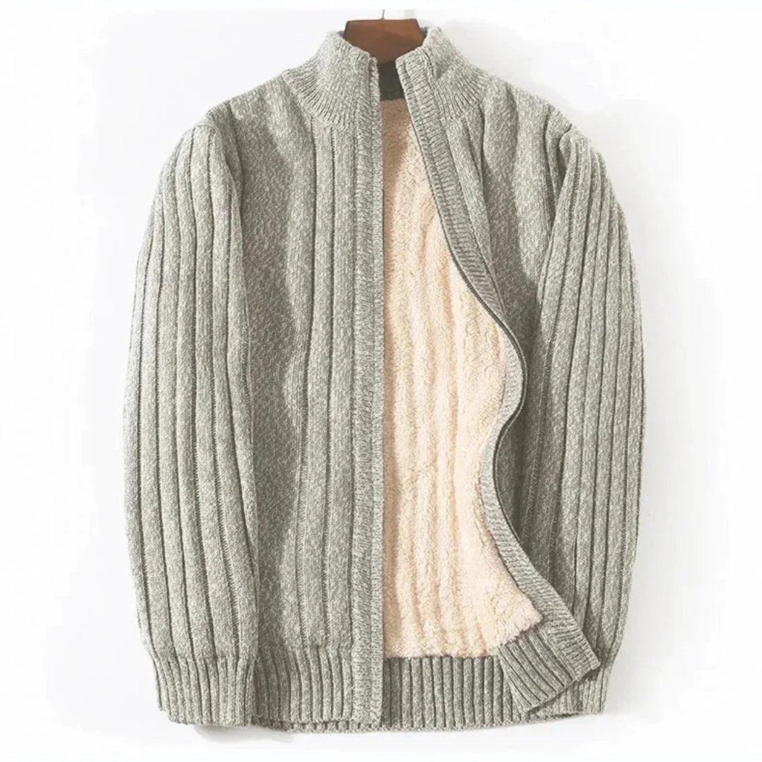 Brad full-zip ribbed knit cardigan with fleece lining and stand collar, casual cold-weather style