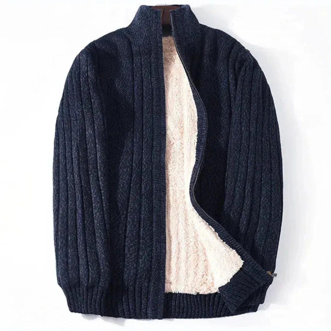 Brad full-zip ribbed knit cardigan with fleece lining and stand collar for cold weather style