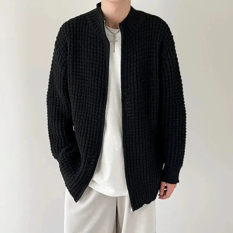 Brad waffle knit full-zip sweater with stand collar, soft breathable fabric for layering