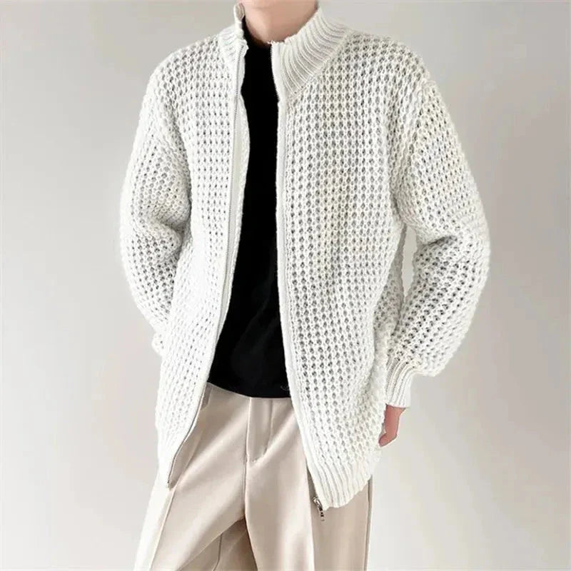 Men's waffle knit full-zip sweater with stand collar, soft breathable fabric for layering