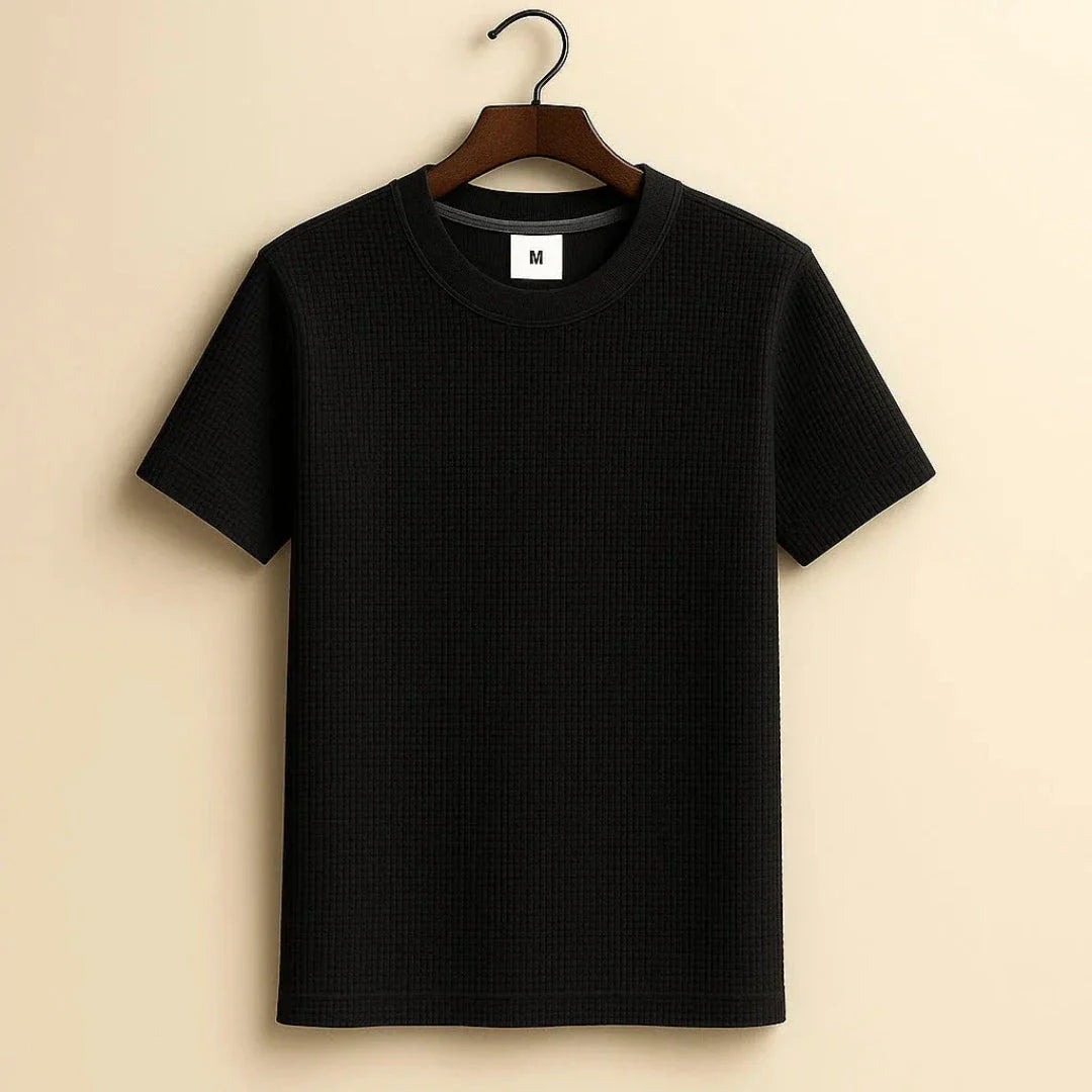 White waffle-knit cotton tee with crew neckline, minimalist silhouette and ribbed collar