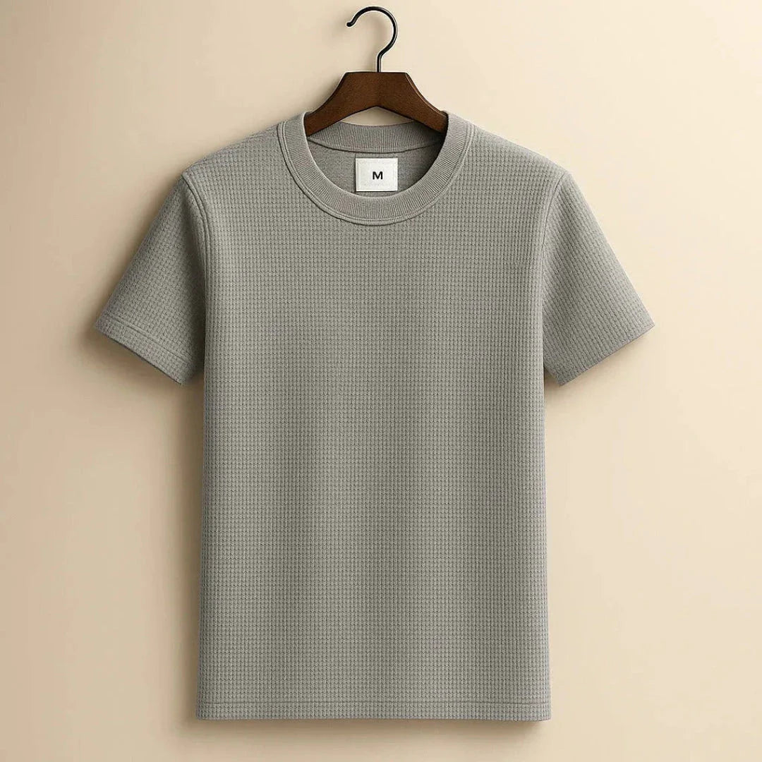 Men's white waffle-knit cotton tee with crew neckline and ribbed collar for casual style