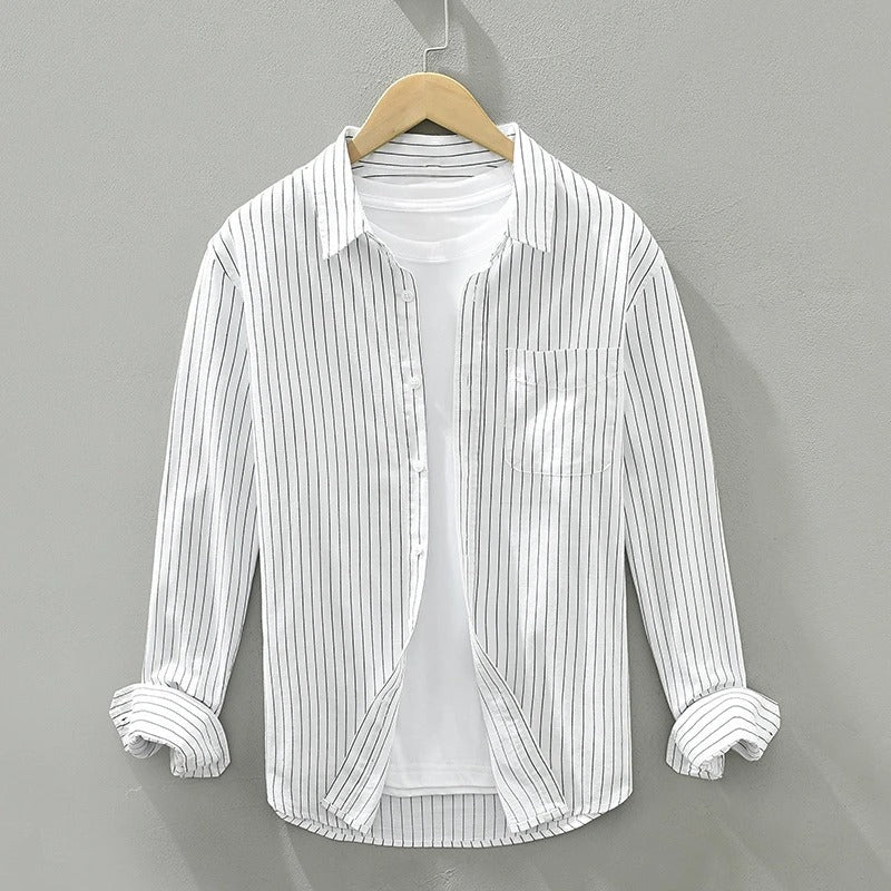 Braylin striped linen-cotton shirt with vertical pinstripes and classic button-down collar