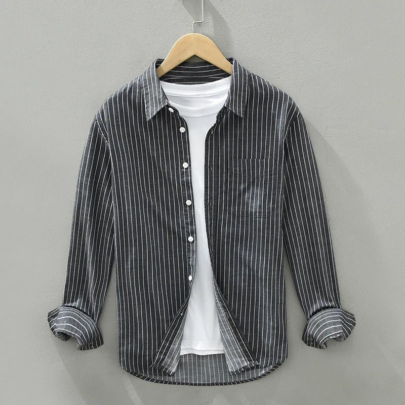 Braylin striped linen-cotton shirt with vertical pinstripes, classic collar, button-down front