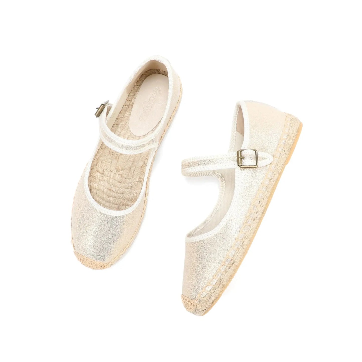 Women's beige canvas Mary Jane espadrille flats with breathable upper and ankle strap