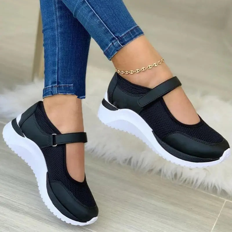 Women's breathable mesh Mary Jane sneakers in neutral tones with classic strap closure