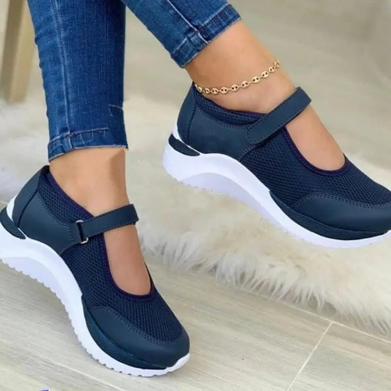 Women's breathable mesh Mary Jane sneakers in neutral tones with classic strap closure