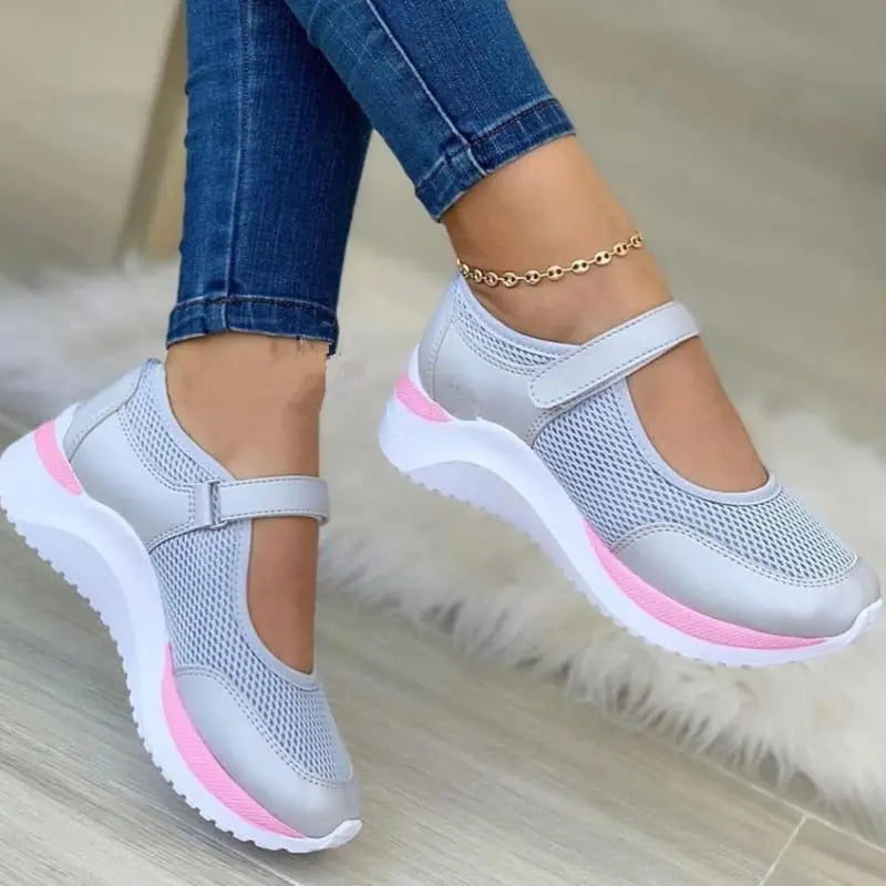 Women's breathable mesh Mary Jane sneakers in neutral tones with comfortable rounded toe