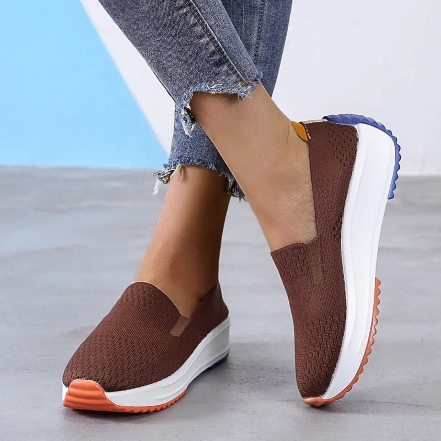 Women's lightweight slip-on shoes in neutral tones, breathable knit upper, casual everyday style