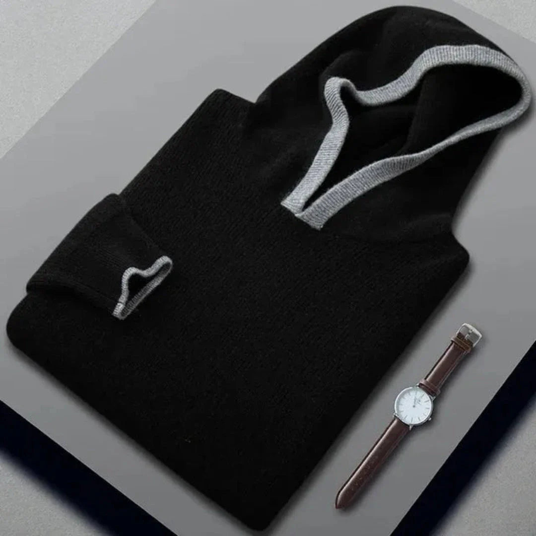 Brent gray cashmere-wool hooded sweater with contrast-trimmed hood, minimalist clean silhouette