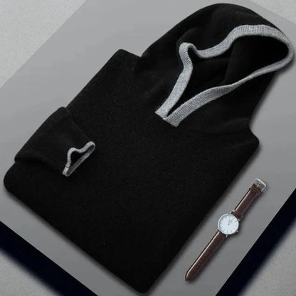 Brent gray cashmere-wool hooded sweater with contrast-trimmed hood, minimalist clean silhouette