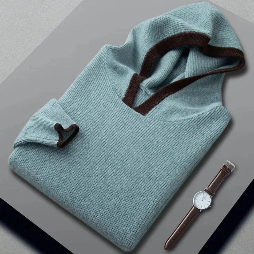 Brent gray cashmere-wool hooded sweater with contrast-trimmed hood, minimalist relaxed fit