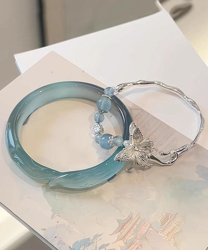 Ensemble de deux bracelets courts en argent sterling, zircon et jade, ornés d'un papillon - Wavlynn