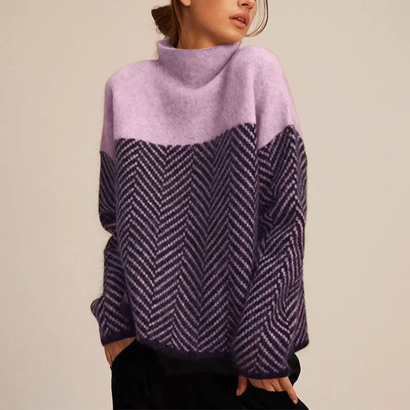 Relaxed herringbone knit sweater in two-tone neutral, structured drape with clean modern neckline