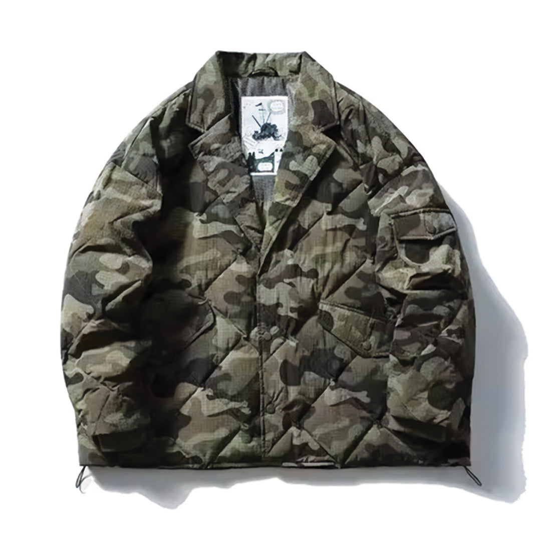 Camouflage puffer blazer with tailored silhouette, cargo details, and cotton-filled down construction