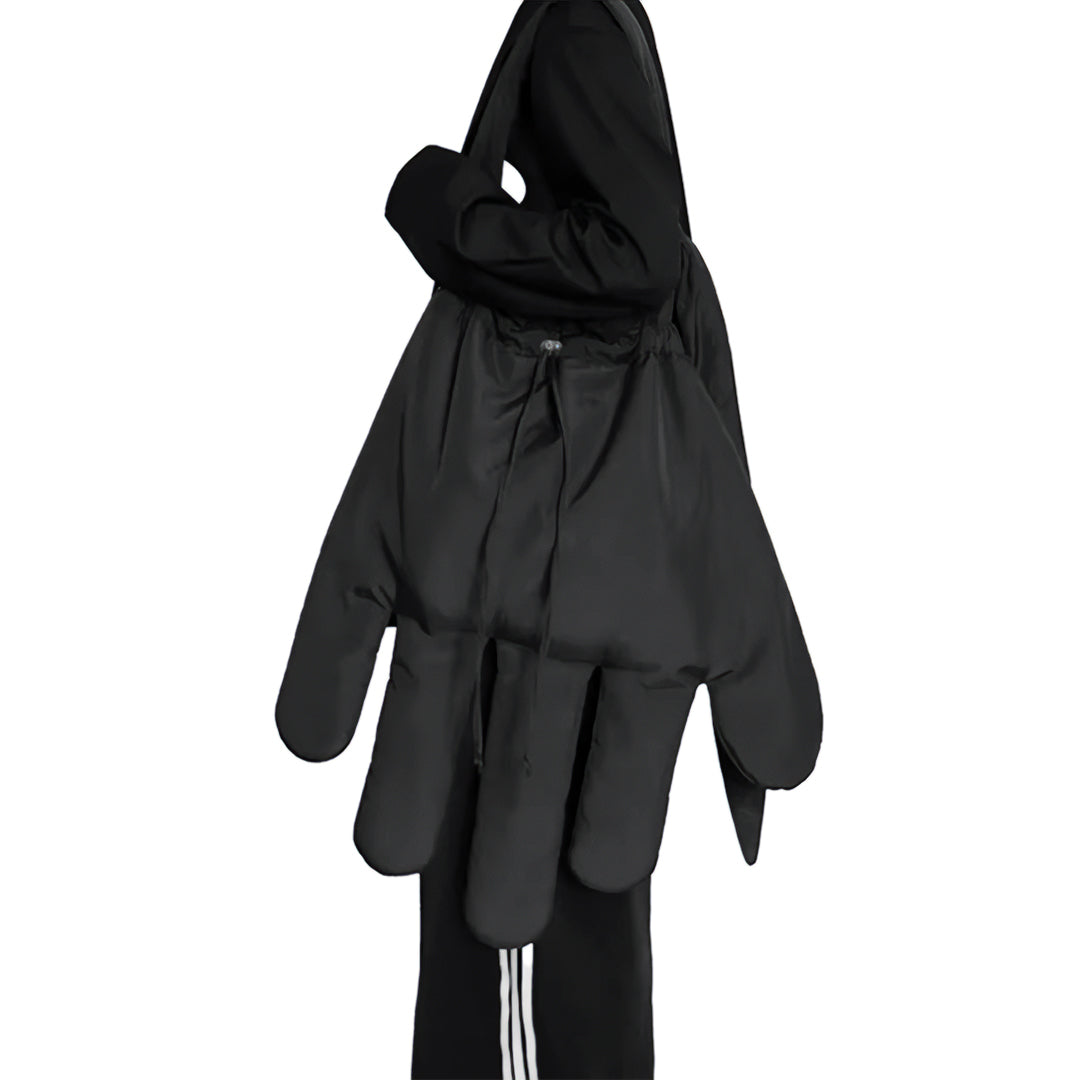 Wavlynn black nylon glove-shaped crossbody bag avant-garde sculptural silhouette with drawstring closure