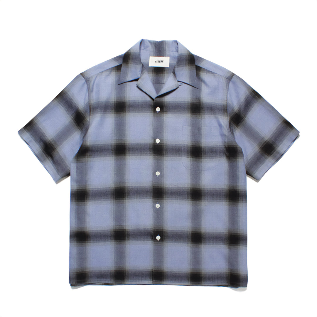 Shadow plaid Cuban collar short-sleeve shirt in neutral tones with button closure