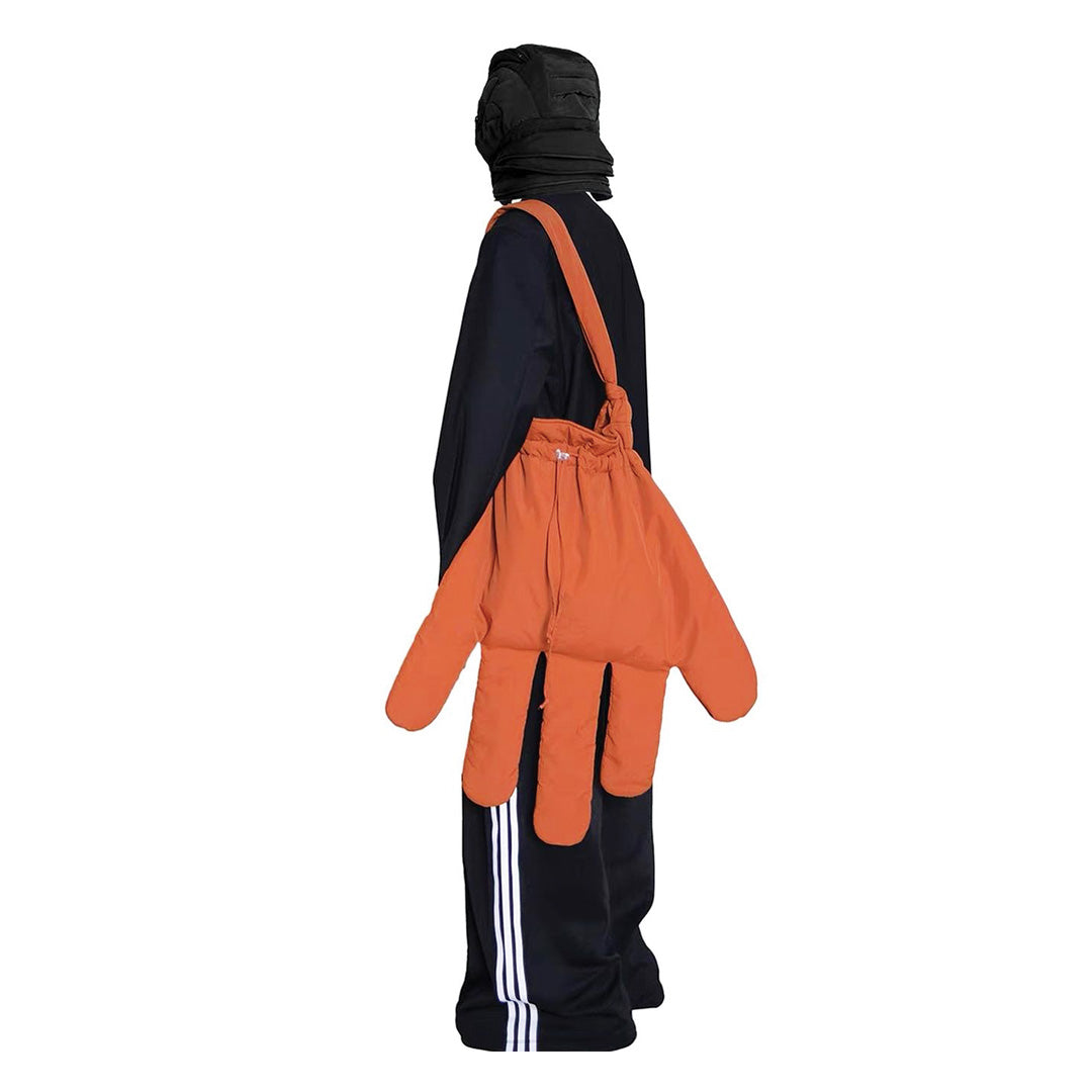 Wavlynn black nylon glove-shaped crossbody bag avant-garde sculptural silhouette with drawstring closure