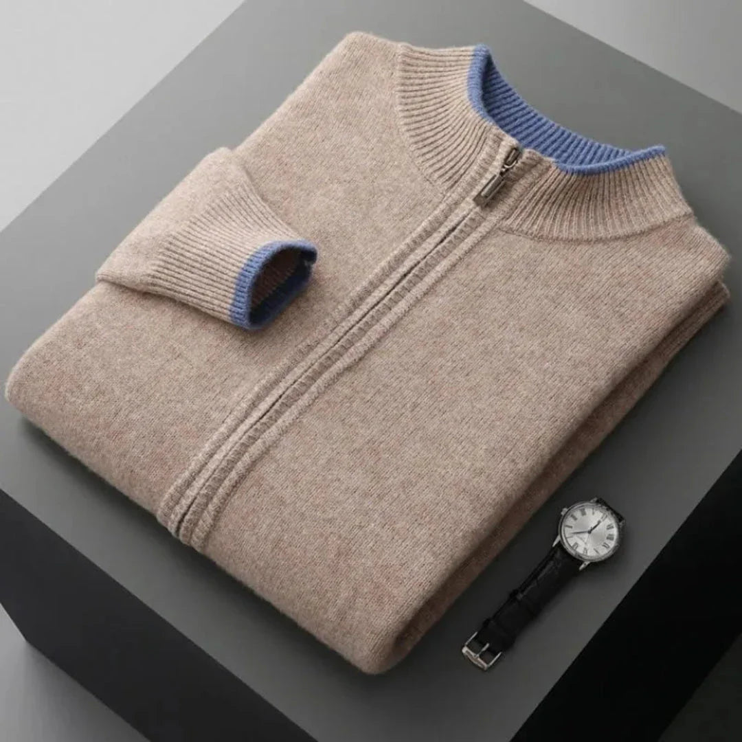 Brody gray merino wool ribbed zip-up jacket and relaxed tapered pants set with contrast trims
