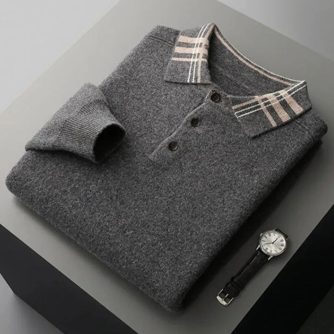 Brody wool polo sweater with contrast-striped collar, ribbed cuffs, and classic three-button placket