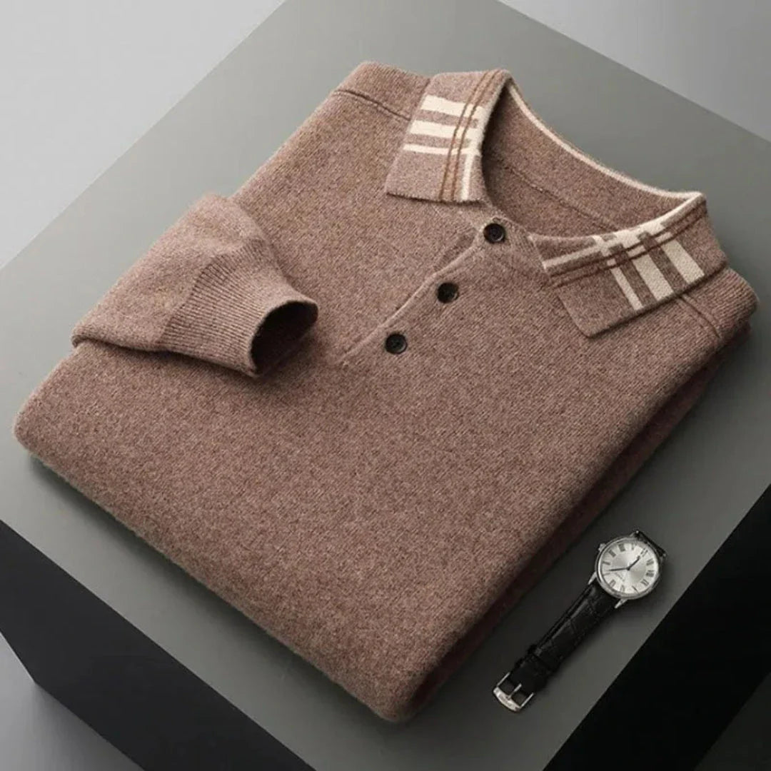 Brody wool polo sweater with contrast-striped collar, ribbed cuffs, and classic three-button placket