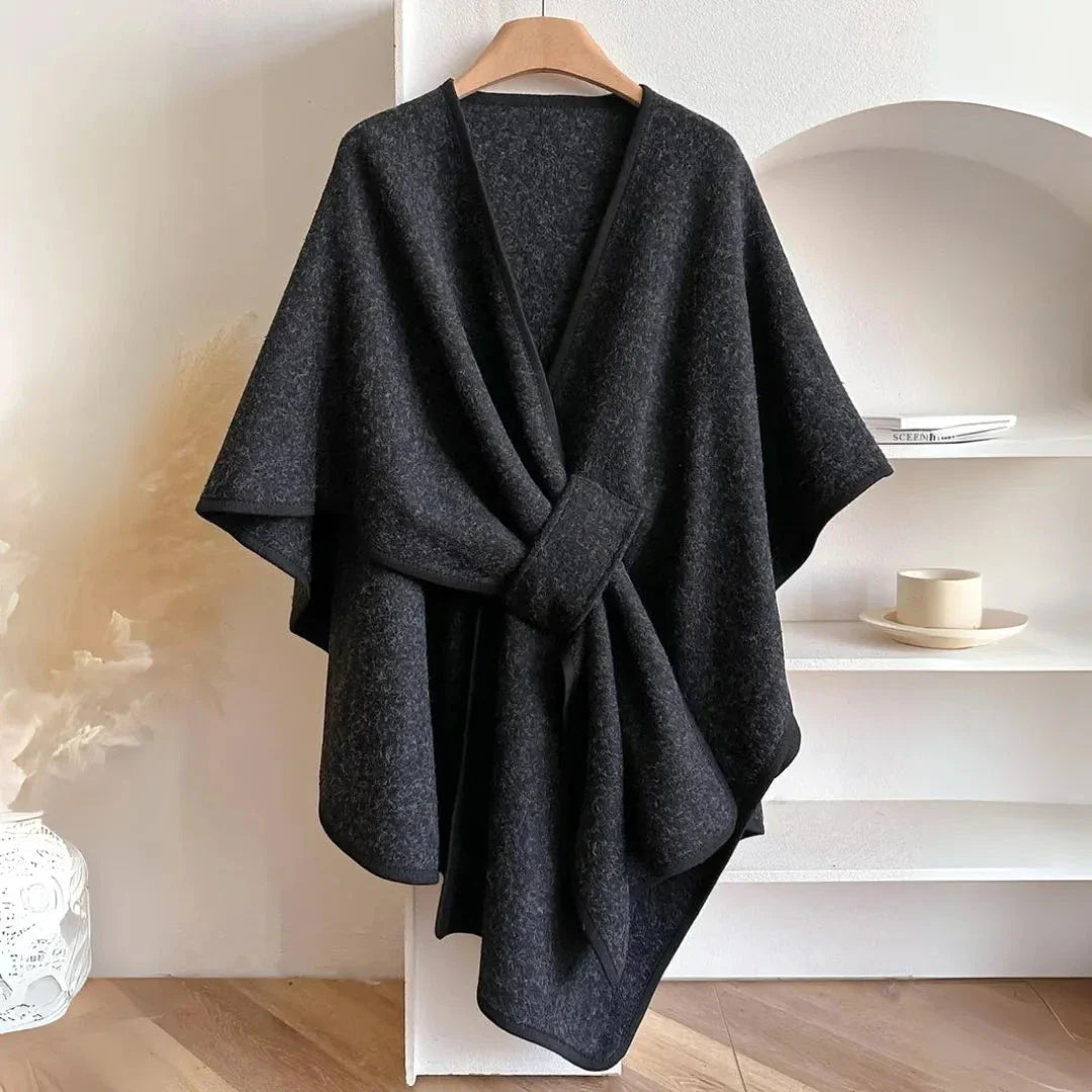 Beige loose knitted cape shawl with waist-cinching hook and deep pockets for women