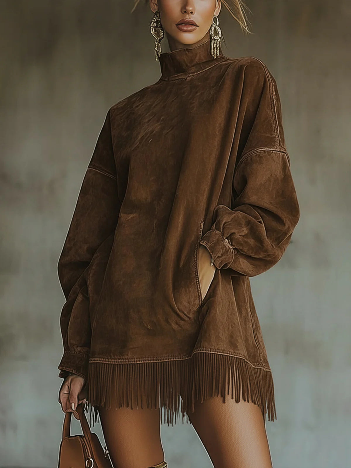 Women's beige suede-like fringe mini dress with delicate fringe hem detailing for chic everyday style