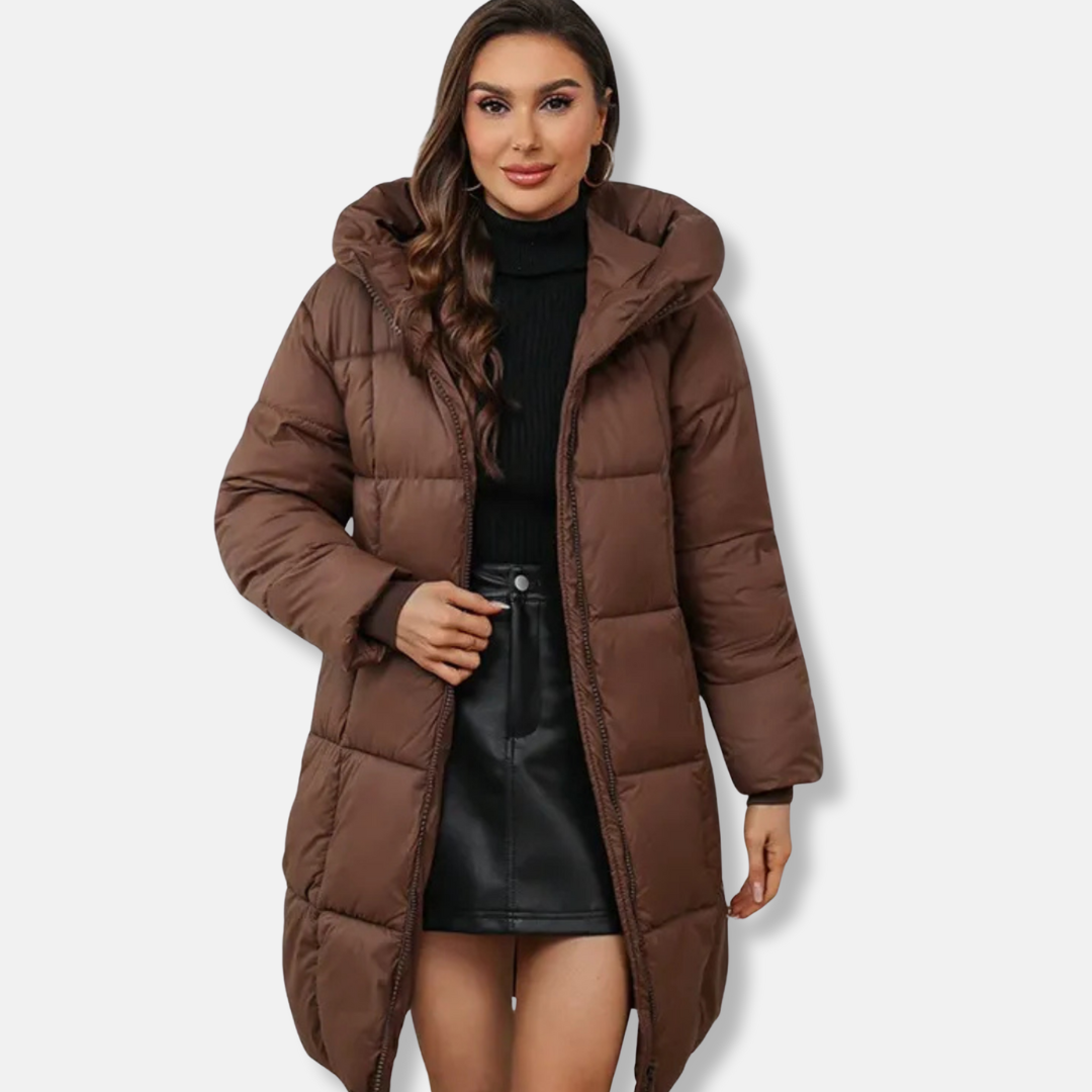 Women's black hooded quilted puffer coat above-knee insulated silhouette for cozy winter warmth