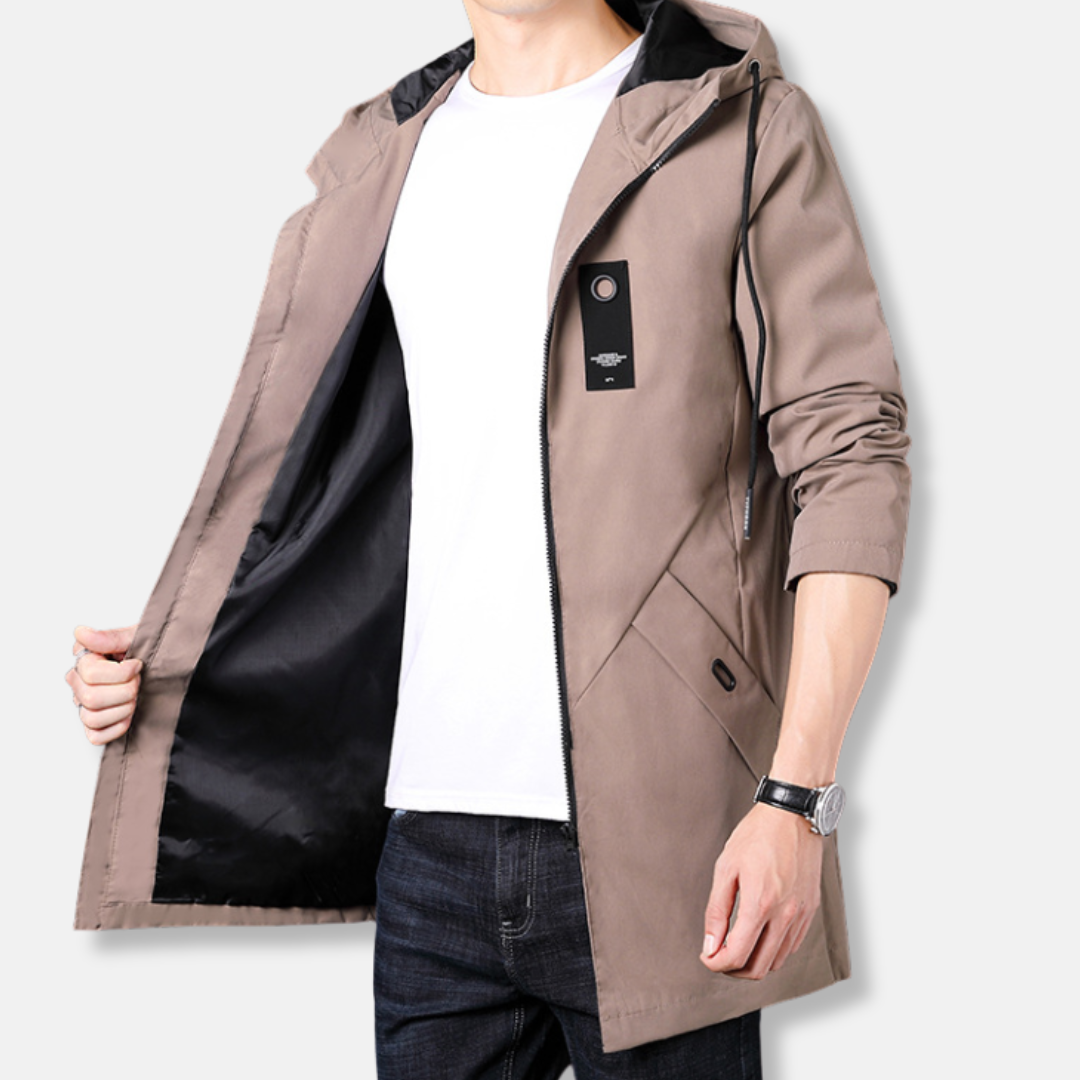 Men's mid-thigh hooded woven coat zipper closure smart casual refined silhouette fall style