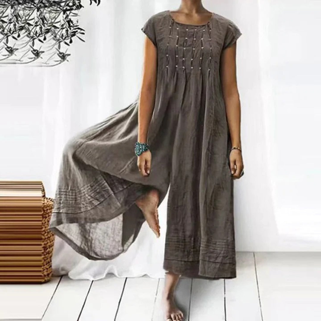 Women's long bohemian dress, airy cotton blend, short sleeves, round neck, lightweight flowy fit