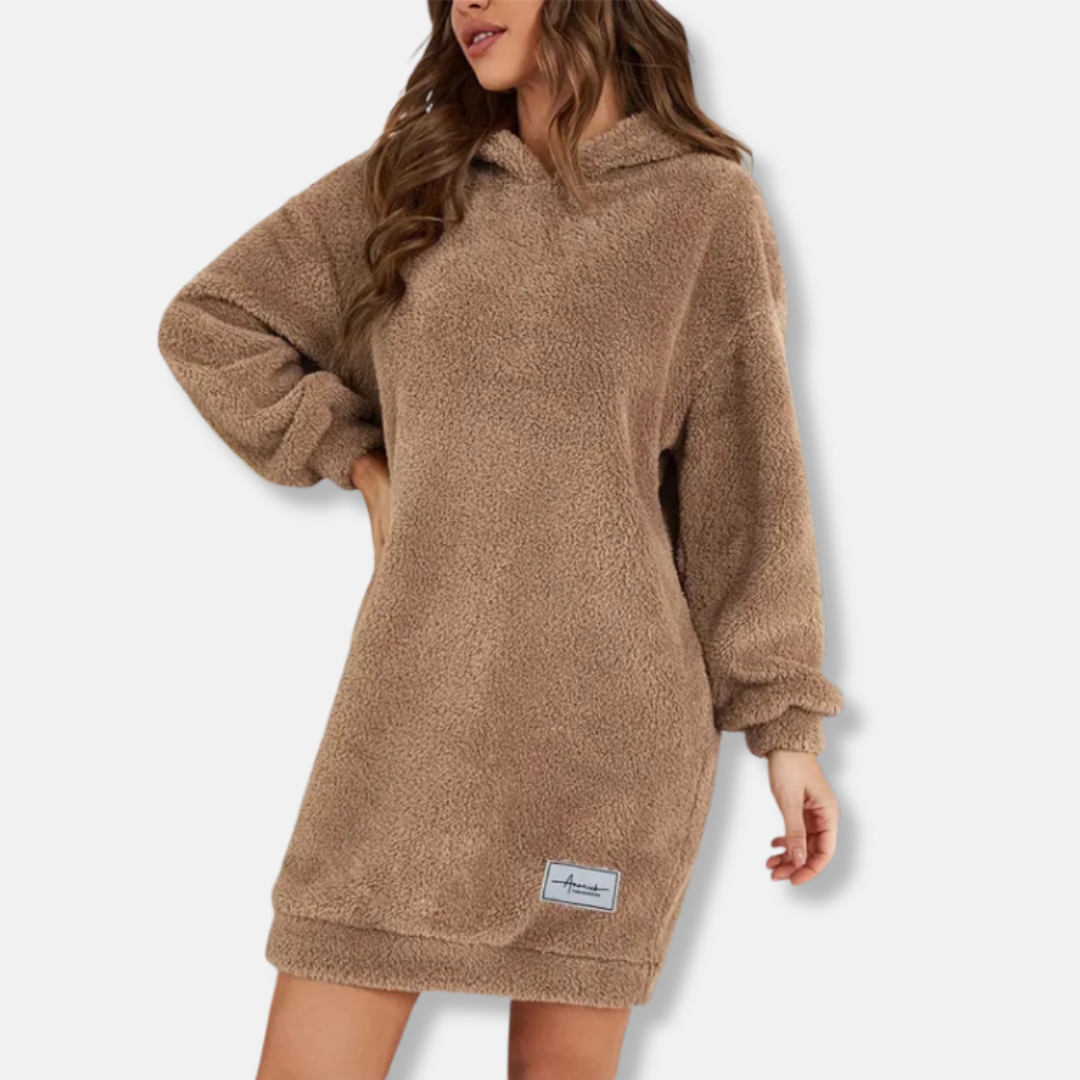 Women's oversized fleece hoodie mini dress long sleeve lounge wear with ribbed cuffs